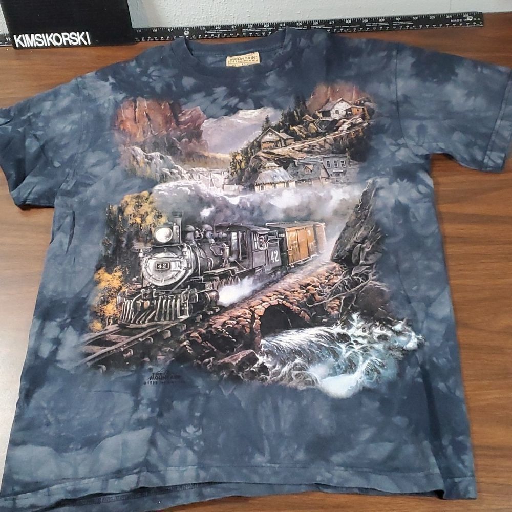 The Mountain Tie Dyed T-Shirt Steam Engine Train Country Town Stream M‎